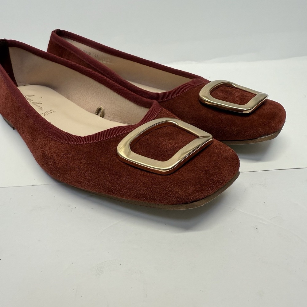 Avellini Flats Women 9.5 Burgundy Solid Suede Leather Gold Buckle Square Toe